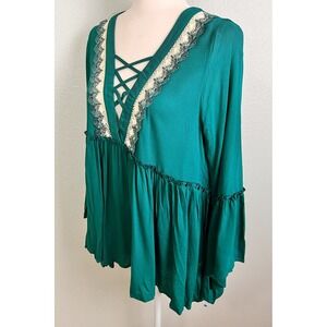 JODIFL Womens Embroidery Peasant  Bohemian Long Bell Sleeve Top Blouse Teal S